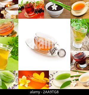 Verschiedene Teetassen und weißer Hintergrund Stockfoto