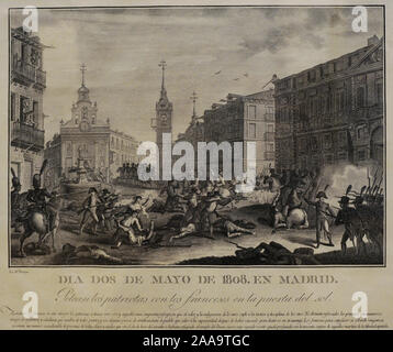 Peninsular War (1808-1814). Mai 2, 1808, Madrid. Die patrioten Kampf gegen die Franzosen an der Puerta del Sol, ca. 1813. Ätzen und Gravur auf Papier. Von Tomas Lopez Enguidanos (1775-1814). History Museum. Madrid. Spanien. Stockfoto