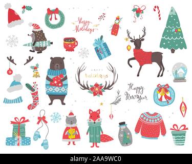 Weihnachten Tiere set mit Zeichen, Weihnachtsbaum, Schneeflocken und Geschenke. Vektor Stock Vektor