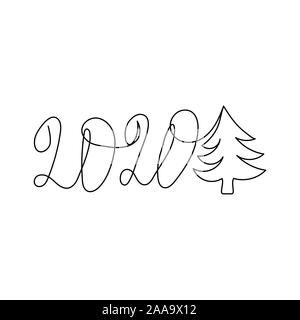 2020 und Weihnachtsbaum mit einem schwarzen durchgehende Linie auf weißem Hintergrund gezeichnet. Stock Vektor