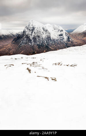 Schottische Highlands Berglandschaft im Winter Buachaille Etive Mor von schneebedeckten Gipfel des Beinn a Chrulaiste über Glen Coe Stockfoto