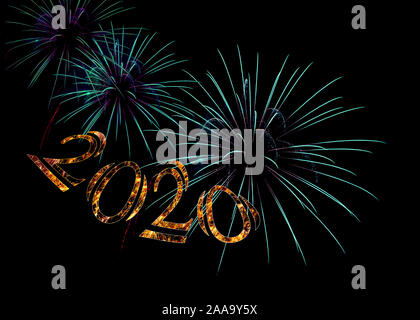 Elegante gold Zahlen mit Jahr 2020 mit aqua Türkis explodierende Feuerwerk feier Hintergrund für Neujahr, Silvester. Stockfoto