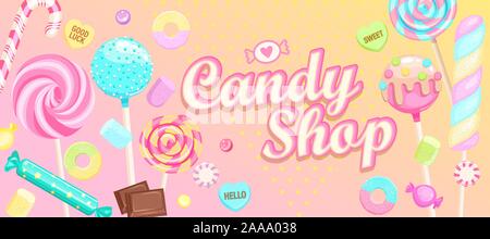 Candy shop Willkommen Banner mit Süßigkeiten. Stock Vektor