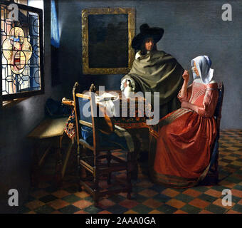 Das Glas Wein 1661-1662 von Johannes Vermeer 1632 - 1675 Niederlande, Niederländisch, ( niederländischer Maler im Goldenen Zeitalter, einer der größten Maler, 17. Jahrhundert. Bevorzugte zeitlose, gedämpfte Momente, bleibt rätselhaft, unnachahmliches Farbschema und verwirrender Lichtinhalt) Stockfoto