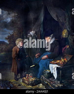 Ein Pfannkuchen Baker mit einem bettelnden Jungen von Gabriel Metsu, 1629 -1667, Niederländisch, den Niederlanden. Stockfoto