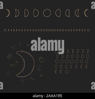 Die Mondphasen. Mond Zyklus Kalender. Mondkalender. Astronomie schwarzes Gold Abbildung. Stock Vektor