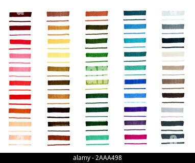 Marker Linien. bunt und graue Streifen auf weißem Papier. Große Palette von Schatten der Farben. Nur Streifen mit verschiedenen Markern gezeichnet. Stockfoto