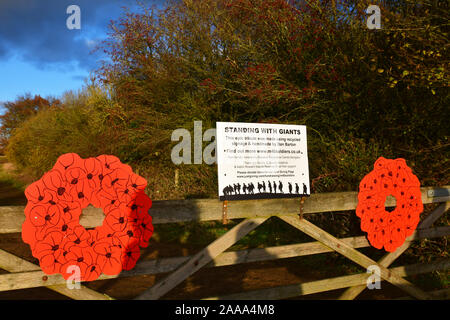 M 40 Soldaten und Poppy Kränze - Skulptur auf dem Hügel im Aston Rowant Nature Reserve, Kennzeichnung, 101 Jahre seit dem Ende des Zweiten Weltkrieges 1. Bis 24/11/19 zeigen Stockfoto