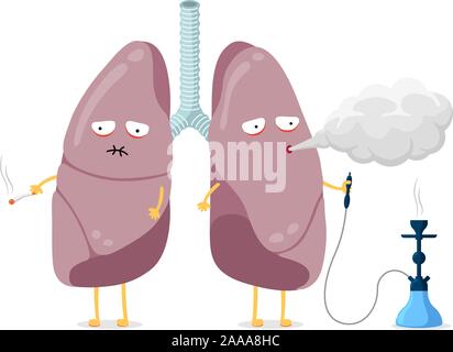 Ungesunde kranke Lungen Cartoon-Figur Rauchen Zigarette und Shisha. Das innere Organ des menschlichen Atmungssystems bläst Rauch und hat eine schlechte Gesundheit. Schlechte gefährliche Gewohnheit sucht Vektor-Illustration Stock Vektor