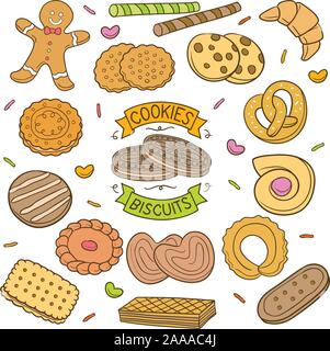 Satz farbiger Hand cookies und Keks in weißem Hintergrund gezeichnet Stock Vektor