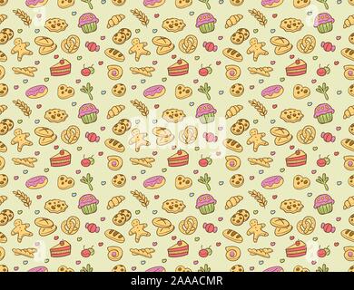 Die nahtlose Vektor Muster mit verschiedenen Bäckerei & Konditorei Elemente Stock Vektor