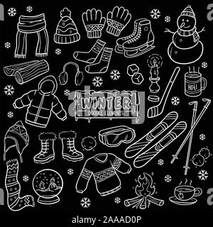 Winter Elemente und Objekte Hand in einem schwarzen Brett über schwarzen Hintergrund gezeichnet Stock Vektor