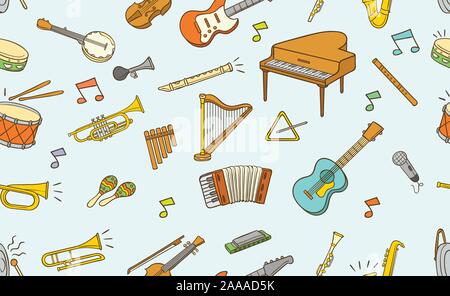 Seamless pattern of  musical instrument element in color isolated over light background Stock Vektor