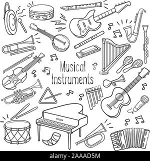 Satz von Musikinstrument beschrieben doodle Skizze in schwarzer Farbe auf weißem Hintergrund Stock Vektor
