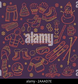 Hand gezeichnet und doodle Elemente der Winter in warmen coloroing Stil gezeichnet. Stock Vektor