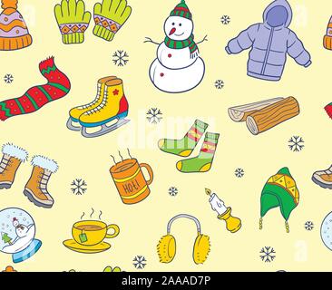 Warme Farben doodle winter Elemente und Objekte nahtlose Muster. Stock Vektor