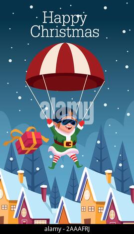Weihnachtskarte mit elf in Fallschirm Stock Vektor