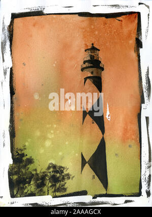 Cape Lookout Leuchtturm auf die Outer Banks, North Carolina. Aquarell von Cape Lookout Lighthouse Beach artwork Home Dekor Leuchtturm NC-lig Stockfoto