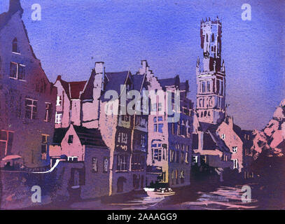 Belfried von Brügge mittelalterlichen Glockenturm im Zentrum von Brügge, Belgien. Aquarell von Brügge. Stockfoto