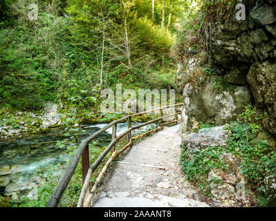 Blick auf Spaziergang weg an der Schlucht Vintgar Wasserfall in Slowenien auf einen Herbst Tag. Stockfoto