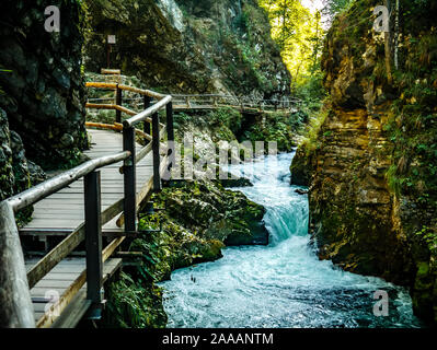 Blick auf Spaziergang weg an der Schlucht Vintgar Wasserfall in Slowenien auf einen Herbst Tag. Stockfoto