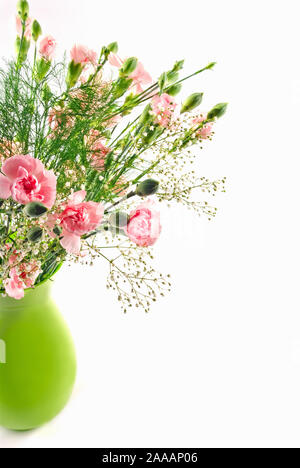 Grenze von einem Bouquet von Pink carnation Blüten mit weißen baby Atem in einem Lime Green Glass Vase auf einem weißen Hintergrund. Stockfoto
