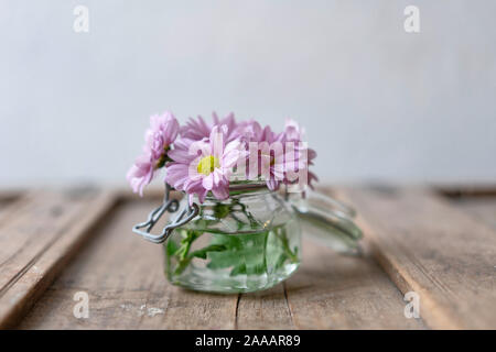 Rosa Astern in ein kleines Glas Vase auf einem hölzernen schäbig rustikalen Kabinett vor eine weiße Wand Stockfoto