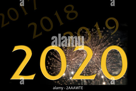 Eine coole grafische Darstellung von 2019 in das Jahr 2020, mit einem Feuerwerk im Hintergrund Stockfoto