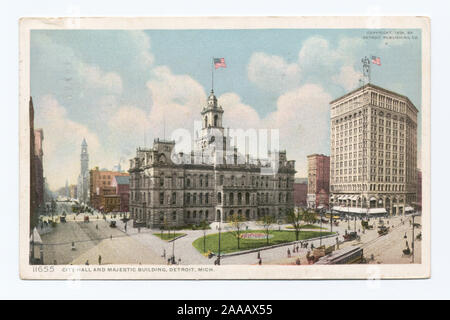 1907-1908. Erste Serie mit geteilten Rücken (für Nachricht und Adresse) ausschließlich.; Rathaus und majestätische Gebäude, Detroit, Mich. Stockfoto