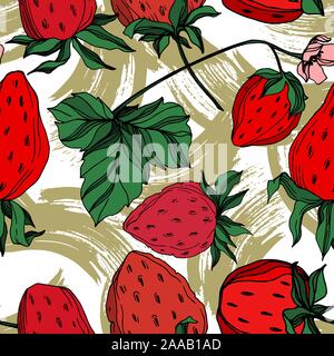 Vektor strawberry frische Beeren gesundes Essen. Schwarz und weiß eingraviert Tinte Art nahtlose Muster. Stock Vektor