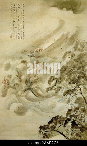 Mongolen Invasion (Japanisch: Mooko shuurai), von Kikuchi Yoosai, 1847. Tinte und Wasserfarben auf Papier. Zeigt die Zerstörung der Mongolischen Flotte in einem Taifun Stockfoto