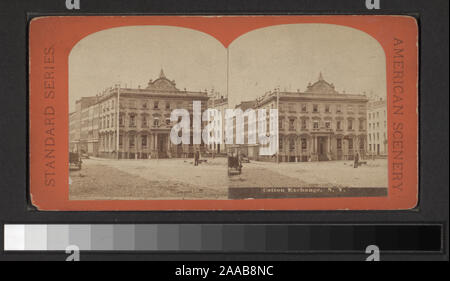 Blick von Anthony, G. Stacy, Hegger und andere Fotografen und Verlage. Robert Dennis Sammlung von stereoskopische Ansichten. Titel von Cataloger'. Blick auf Finanzinstitute, New York City: Bank für Spareinlagen, Dry Dock Einsparungen, Deutscher Sparkassen, Park National, Union Dime Einsparungen; die Cotton Exchange, Börse mit Blick auf den Innenbereich, Gruppe der Männer vor Drake Brothers: Bullen und Bären der Open Board, Innenansicht der Kaufleute Exchange, Exchange, einschließlich innenansicht.; Cotton Exchange, New York, präsent. Stockfoto