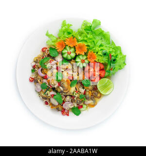 Herzmuscheln würzigen Salat (Venusmuscheln) mit thailändischen Kräutern Vorspeise asiatische Gericht. Thai Food Spicy Stil dekorieren mit geschnitztem Gemüse, Carrot Top Aussicht Stockfoto