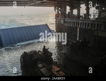 Bucht von Bengalen (Nov. 19, 2019) US-Marines aus dem 2., 2. Marine Regiment, derzeit um die 3. Marine Division zugeordnet, und der indischen Armee drive US-Angriff Amphibienfahrzeuge aus dem gut Deck an Bord der Whidbey Island-Klasse dock Landung Schiff USS Germantown (LSD 42) in Vorbereitung auf die Landung am Strand während Tiger TRIUMPH. Tiger TRIUMPH gibt US-amerikanischen und indischen Truppen die Möglichkeit, Kenntnisse auszutauschen und von einander sowie persönlichen und beruflichen Beziehungen lernen. (U.S. Marine Foto von Mass Communication Specialist 1. Klasse Toni Burton) Stockfoto