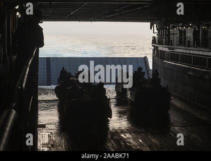 Bucht von Bengalen (Nov. 19, 2019) US-Marines aus dem 2., 2. Marine Regiment, derzeit um die 3. Marine Division zugeordnet, und der indischen Armee drive US-Angriff Amphibienfahrzeuge aus dem gut Deck an Bord der Whidbey Island-Klasse dock Landung Schiff USS Germantown (LSD 42) in Vorbereitung auf die Landung am Strand während Tiger TRIUMPH. Tiger TRIUMPH gibt US-amerikanischen und indischen Truppen die Möglichkeit, Kenntnisse auszutauschen und von einander sowie persönlichen und beruflichen Beziehungen lernen. (U.S. Marine Foto von Mass Communication Specialist 1. Klasse Toni Burton) Stockfoto