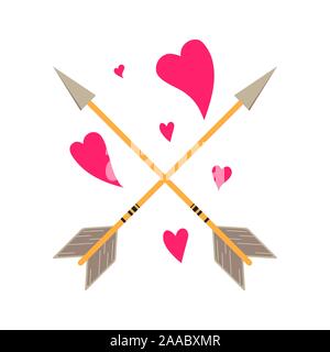 Flat Style Pfeile mit Herzen, Designelemente boho Style für Valentinstag und Hochzeit, Vector Illustration. Amors Pfeil und Bogen als Liebe Stock Vektor