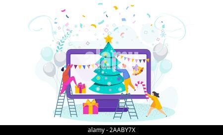 Winzige Menschen schmücken einen Weihnachtsbaum auf dem Computer angezeigt. Stock Vektor