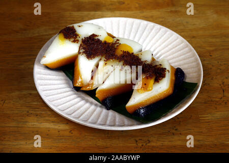 Foto der Schichten der Philippinischen Dessert oder einen Snack essen genannt Sapin sapin oder geschichtete Klebreis mit Lebensmittelfarbe und Kokosmilch Stockfoto