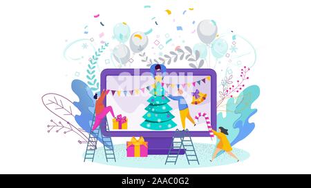Winzige Menschen schmücken einen Weihnachtsbaum auf dem Computer angezeigt. Stock Vektor