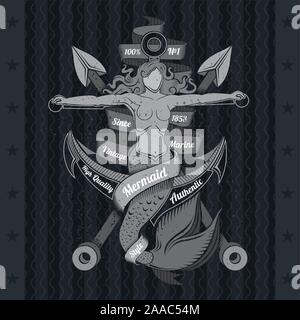 Kreuz mit Harpunen und Meerjungfrau gekreuzigt zu verankern. Marine Vintage Label auf der Tafel Stock Vektor
