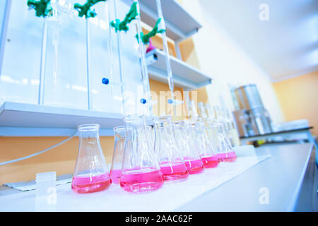 Chemisches Laboratorium mit Reagenzgläsern. rosa Flüssigkeit in Flaschen auf ein Forschungslabor Tabelle Stockfoto