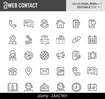 30 dünne Linie Symbole mit Website & Internet Kontakt zugeordnet. Symbole wie Kontakt Methode, Kontakt Status & Lage sind in diesem Set enthalten. 48 x Stock Vektor