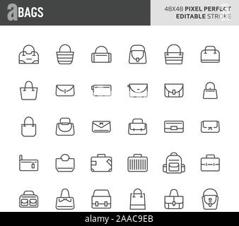 30 dünne Linie Symbole mit Taschen. Symbole wie Mode, Büro und Traveller Bag sind in diesem Set enthalten. 48 x 48 Pixel Perfect Vektor icon & Stock Vektor