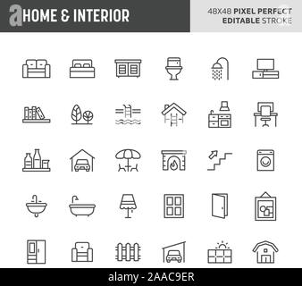 30 dünne Linie Symbolen verbunden mit Home & Interior. Symbole wie Möbel, Arten von Zimmer und Haushaltsgeräte sind in diesem Set enthalten. 48 x 48 Stock Vektor