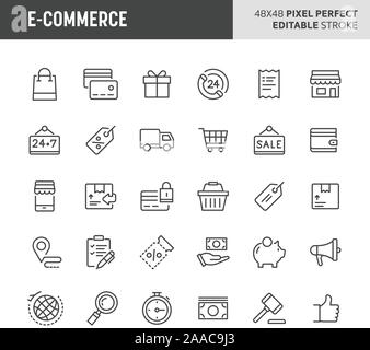 30 dünne Linie Symbole mit Speichern und e-commerce. Symbole wie store Objekt, Zahlungsart und Versandkosten sind in diesem Set enthalten. 48 x 48 Pix Stock Vektor