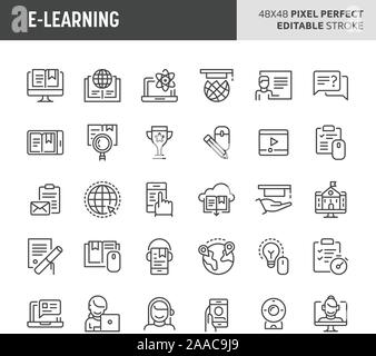 30 dünne Linie Symbole mit Online Learning And Training verbunden. Symbole wie Kursprogramm, elektronische Ressourcen und multimediale Ausstattung. 48x48 pixe Stock Vektor
