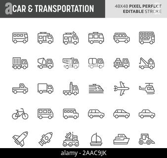 30 dünne Linie Symbole mit Auto & Transport verbunden. Symbole wie Bus, Lkw, Transportern und anderen leichten und schweren Fahrzeug sind in diesem Set enthalten. 4. Stock Vektor
