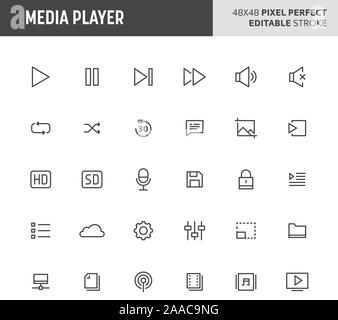 30 dünne Linie Symbole mit Media Player mit verschiedenen Schaltfläche in Video und Audio Player zugeordnet sind in diesem Set enthalten. 48 x 48 Pixel Perfect vecto Stock Vektor