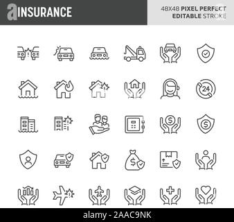 30 dünne Linie Symbole mit Versicherung verbunden. Symbole wie Auto, Haus, geschäftliche und private Lebensversicherung sind in diesem Set enthalten. 48 x 48 Pixel p Stock Vektor