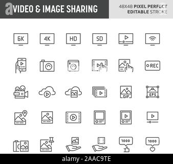 30 dünne Linie Symbole mit Video & Image Sharing verbunden. Symbole wie audio-video Gerät und Bilder sind im Set enthalten. 48 x 48 Pixel perfec Stock Vektor